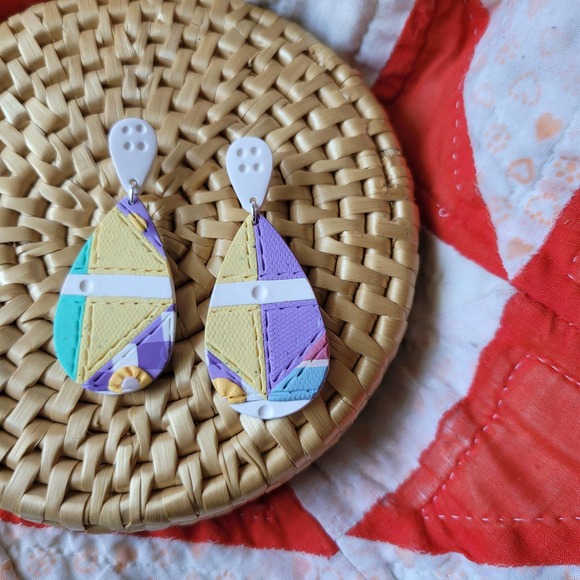 OWLTOPUS Jewelry - Patchwork Quilt Earrings Polymer Clay Teardrop